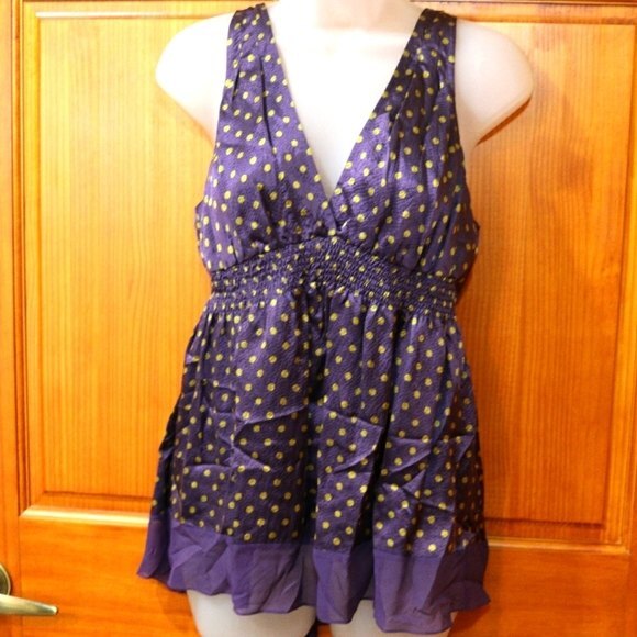 BCBG Maxazria Purple Polka Dot Sleeveless Tie Corset Back Smocked Top NWT LARGE - Picture 2 of 14